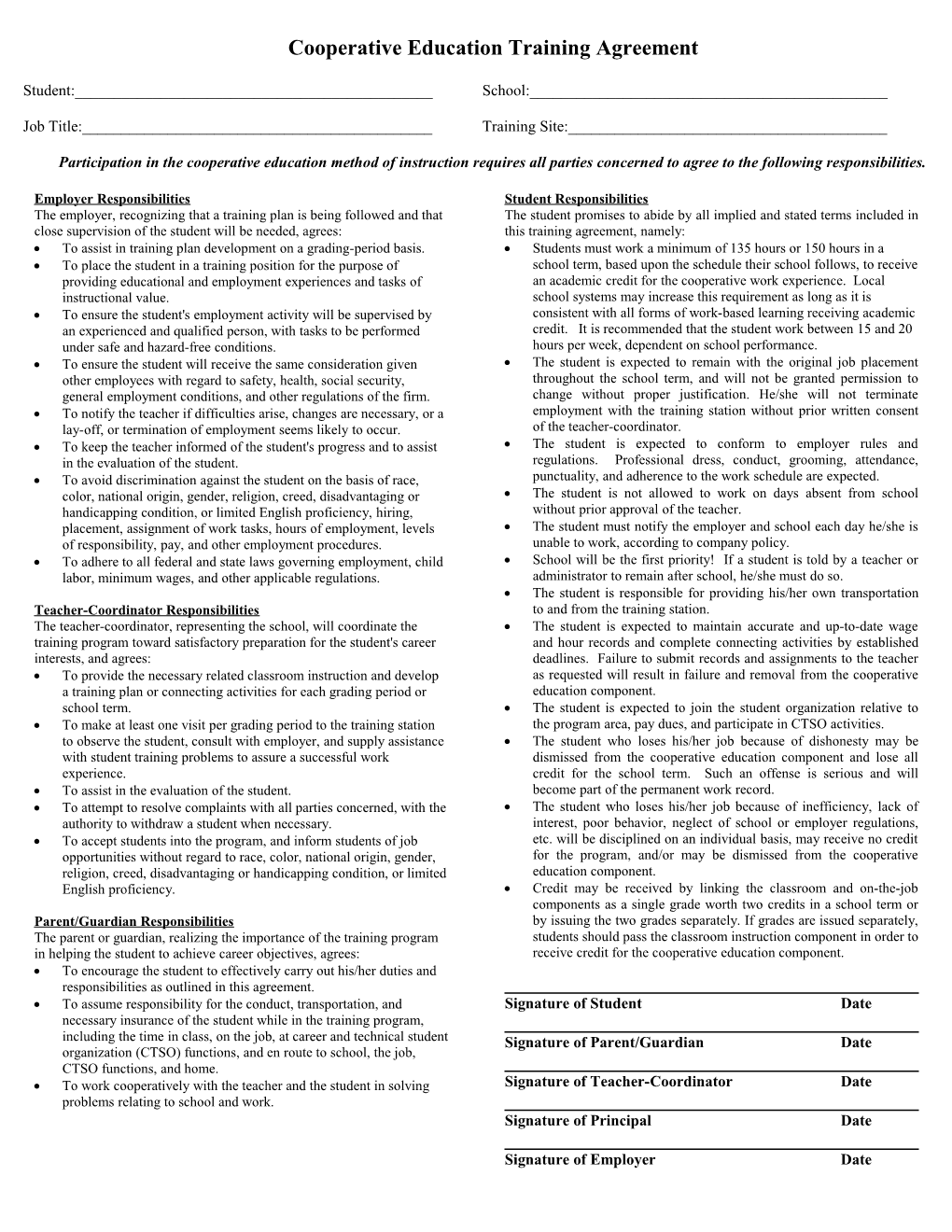 Cooperative Experience Training Agreement