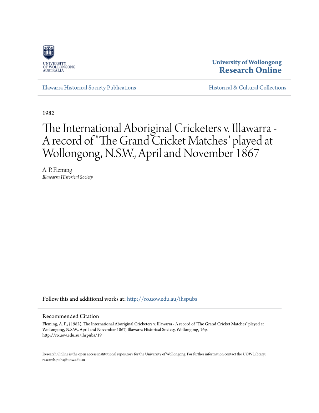The International Aboriginal Cricketers V. Illawarra