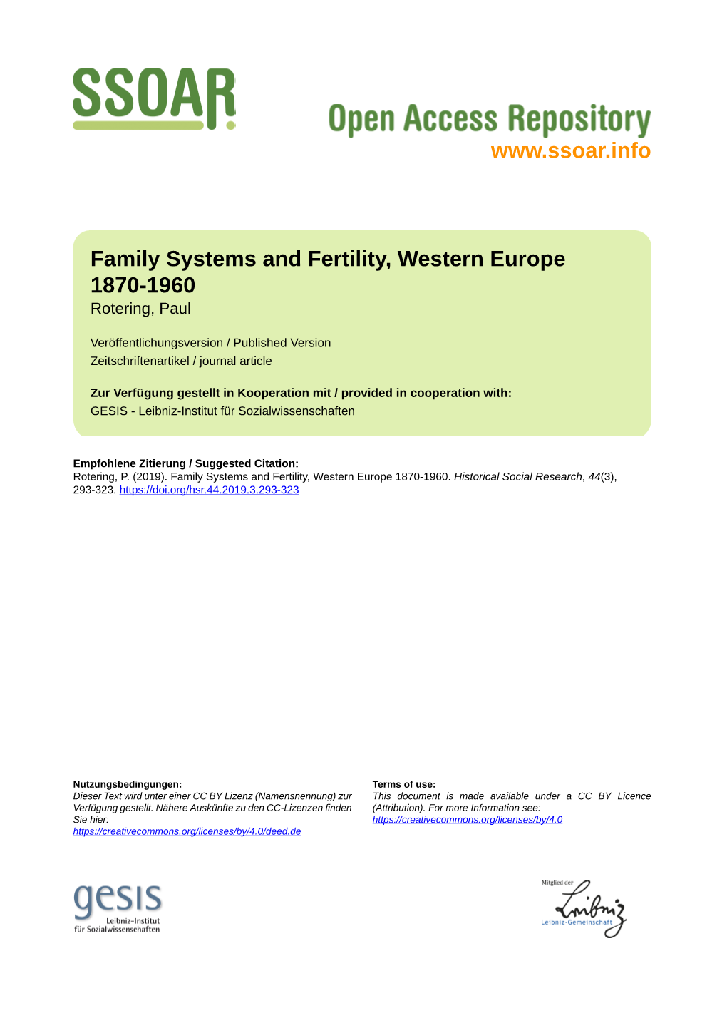 Family Systems and Fertility, Western Europe 1870-1960 Rotering, Paul