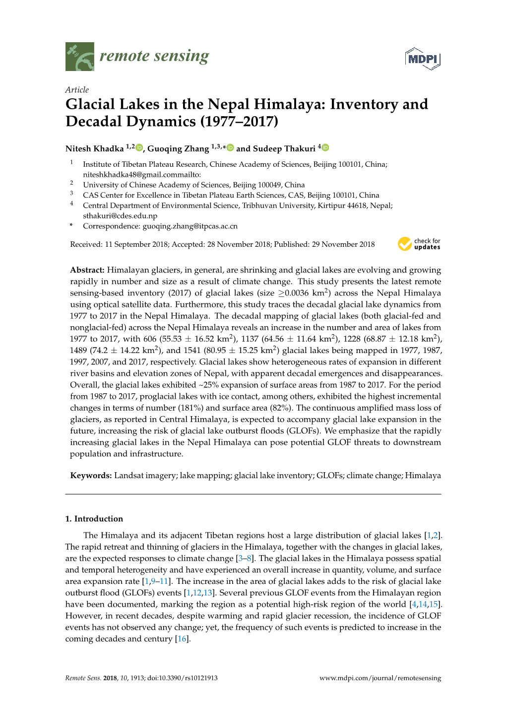 Glacial Lakes in the Nepal Himalaya: Inventory and Decadal Dynamics (1977–2017)