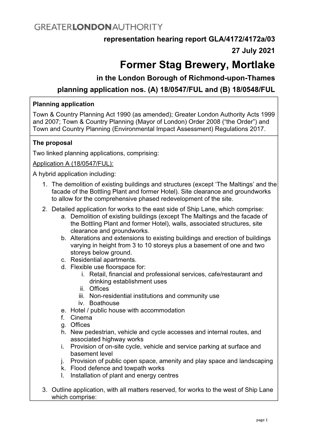 Former Stag Brewery, Mortlake in the London Borough of Richmond-Upon-Thames Planning Application Nos