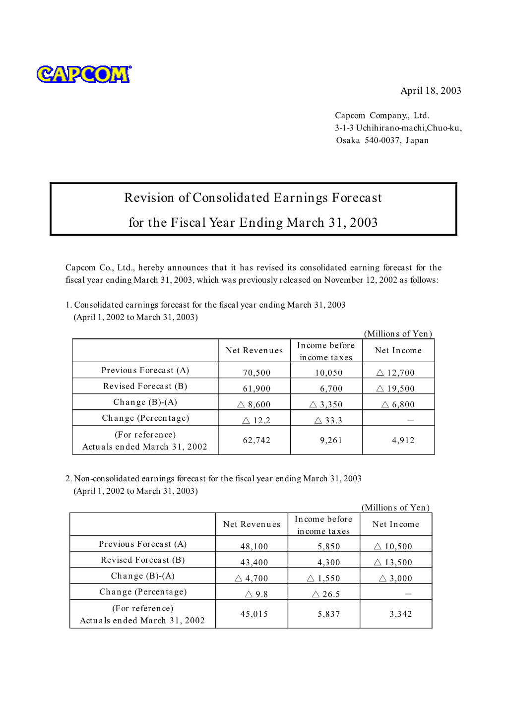 Revision of Consolidated Earnings Forecast for the Fiscal Year Ending March 31, 2003