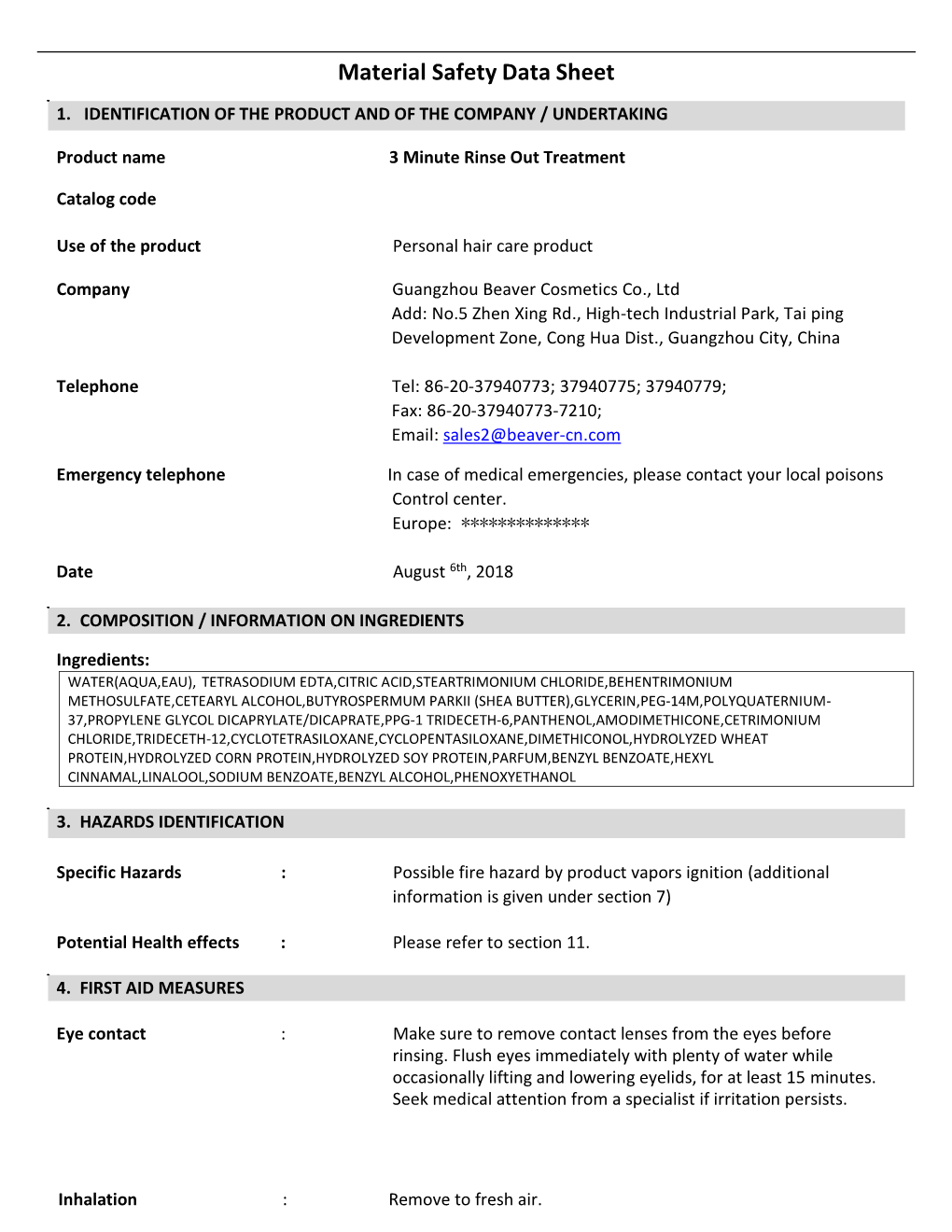 Material Safety Data Sheet