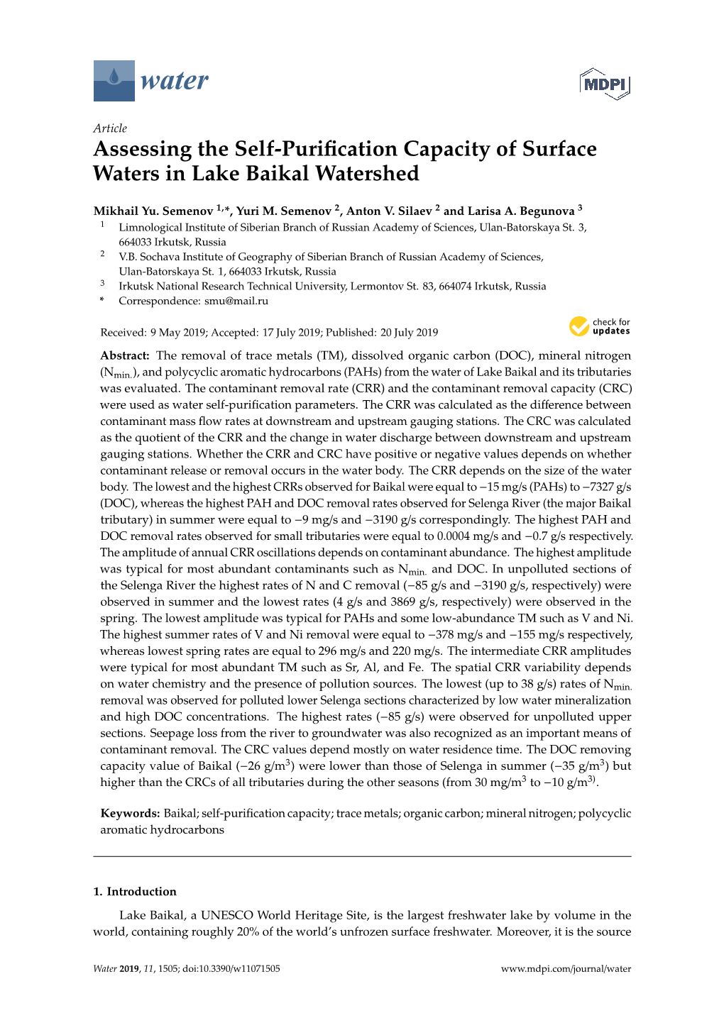 Assessing the Self-Purification Capacity of Surface Waters in Lake