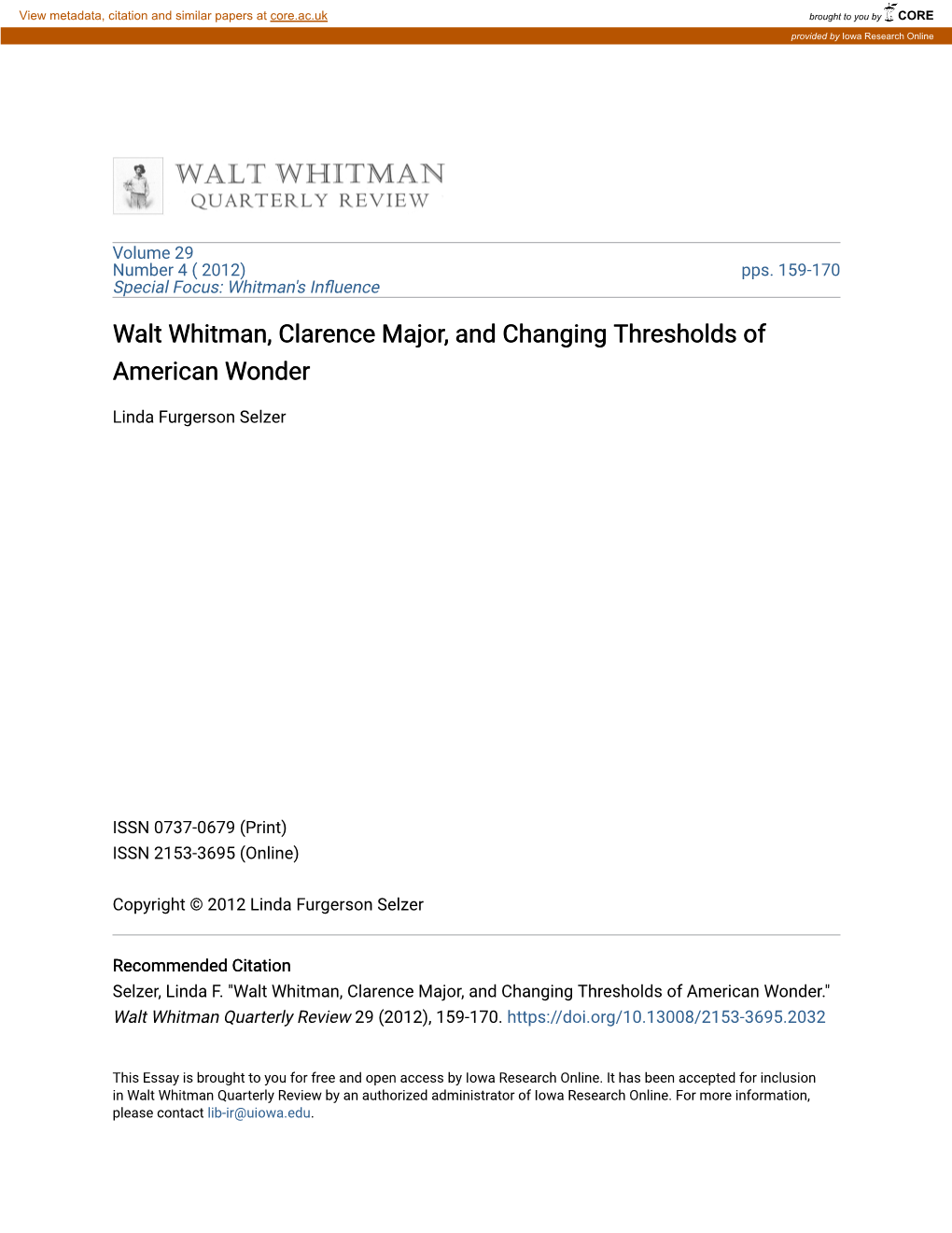 Walt Whitman, Clarence Major, and Changing Thresholds of American Wonder