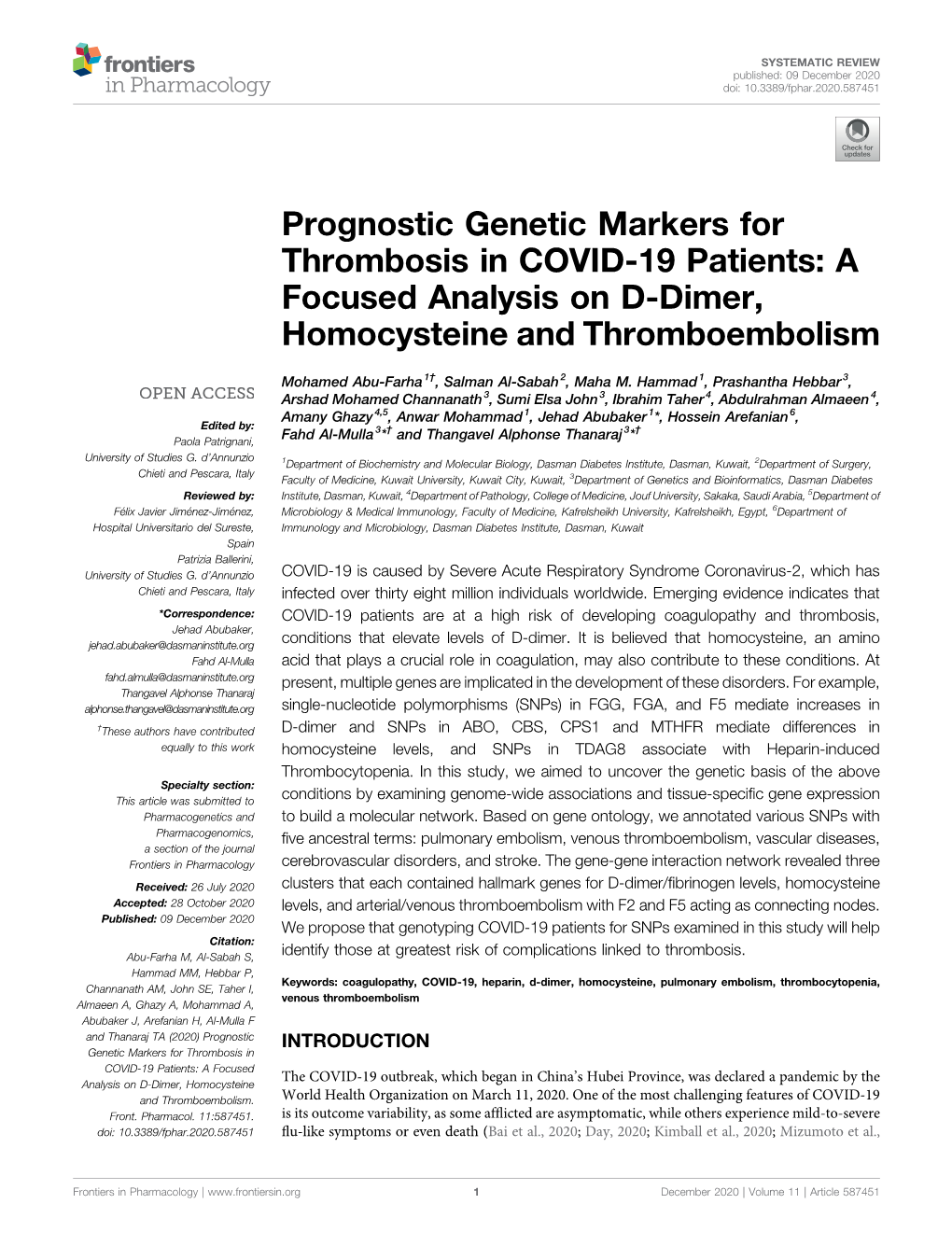 Prognostic Genetic Markers for Thrombosis in COVID-19 Patients: a Focused Analysis on D-Dimer, Homocysteine and Thromboembolism