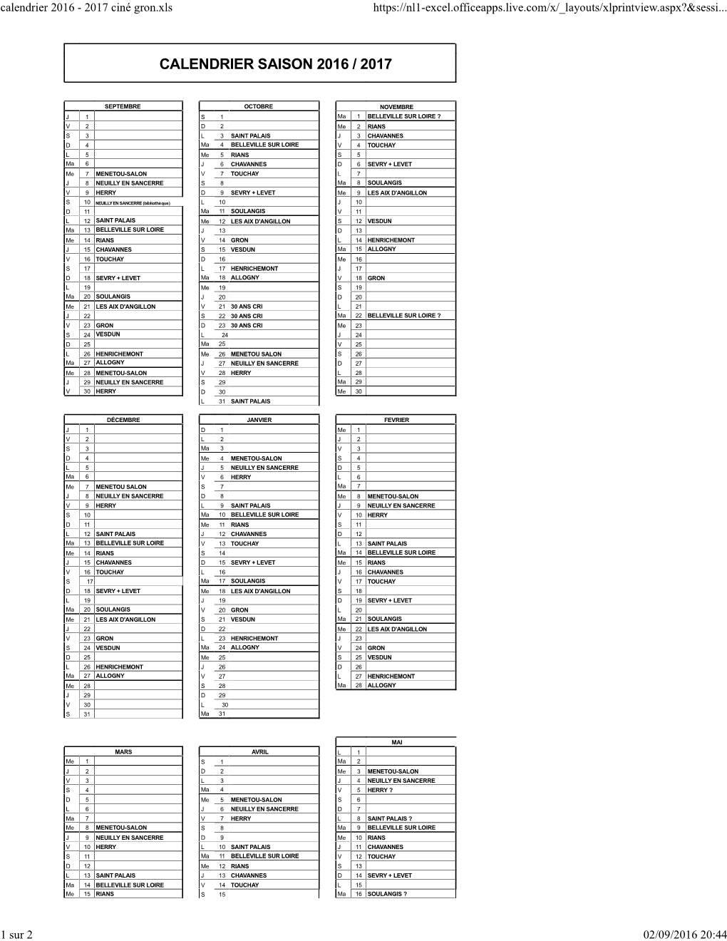 Calendrier 2016 - 2017 Ciné Gron.Xls