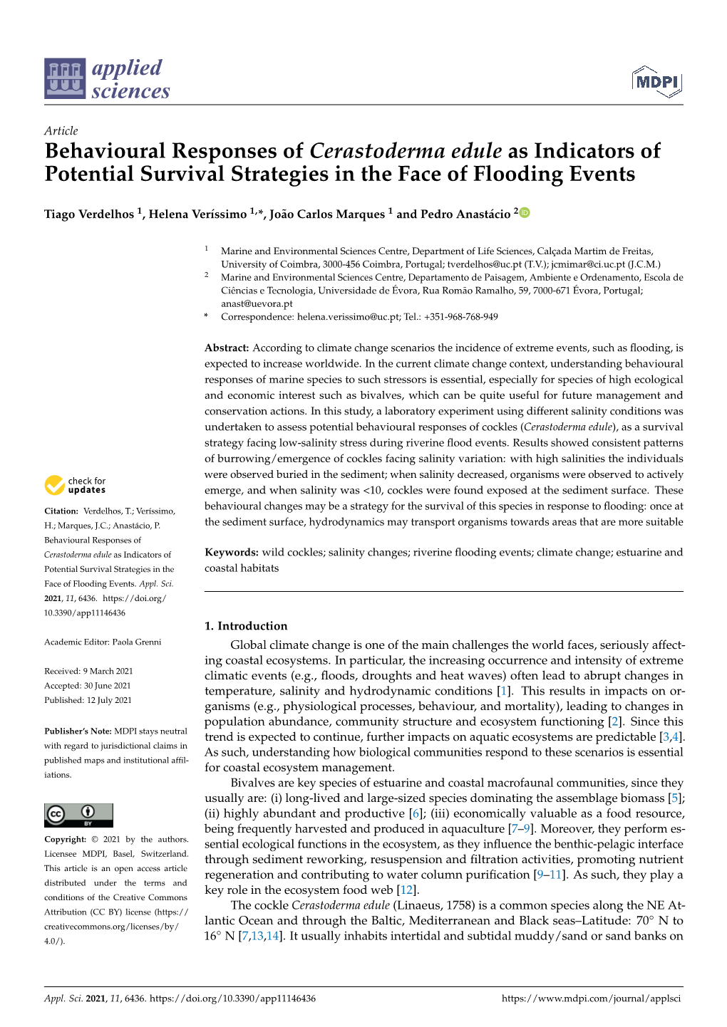 Behavioural Responses of Cerastoderma Edule As Indicators of Potential Survival Strategies in the Face of Flooding Events