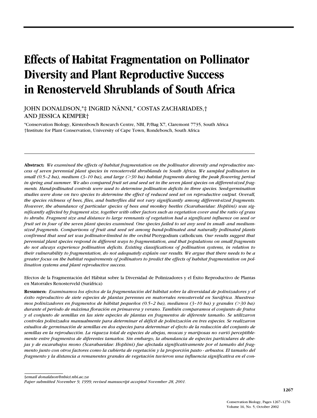 Effects of Habitat Fragmentation on Pollinator Diversity and Plant Reproductive Success in Renosterveld Shrublands of South Africa