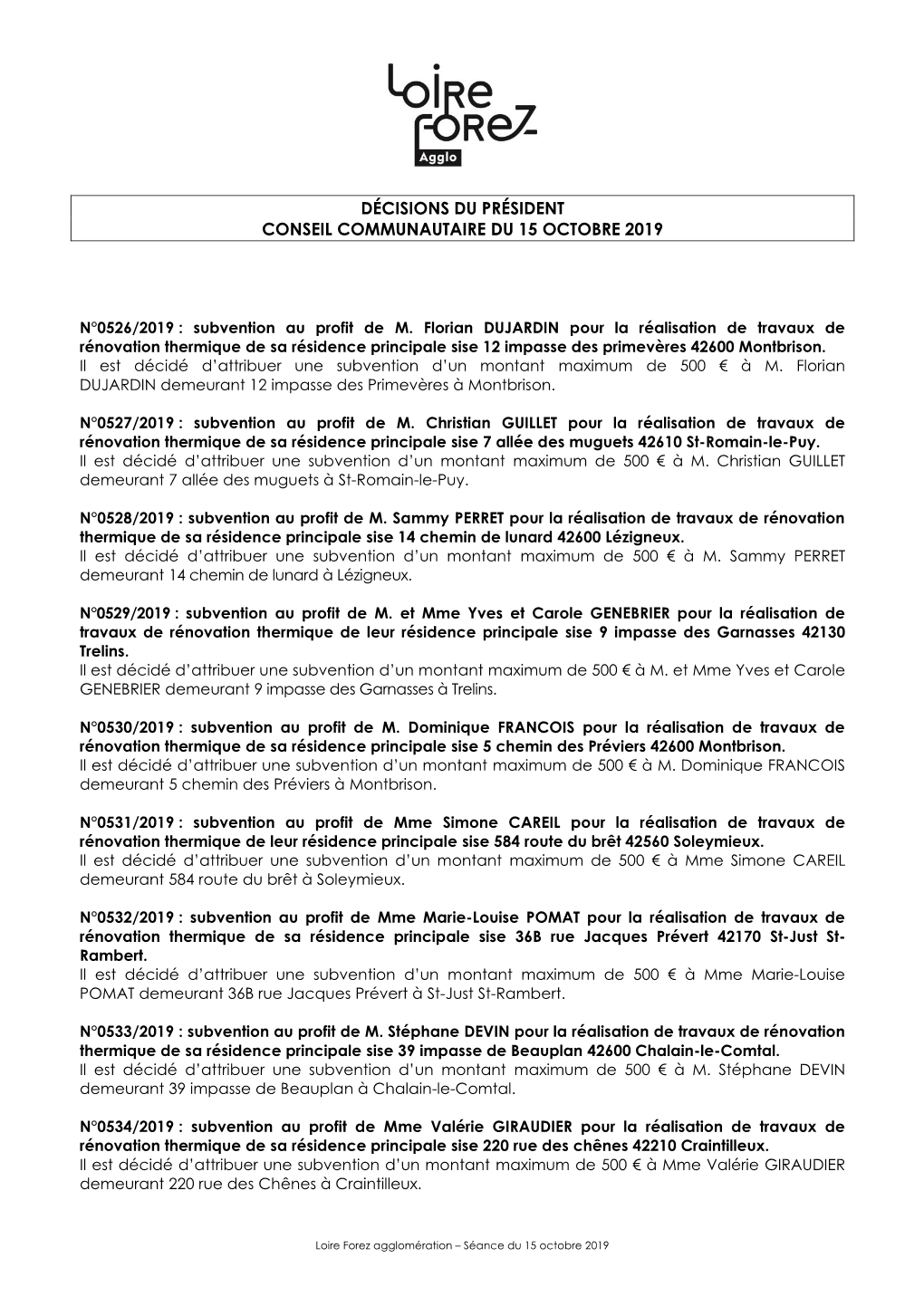 Décisions Du Président Conseil Communautaire Du 15 Octobre 2019