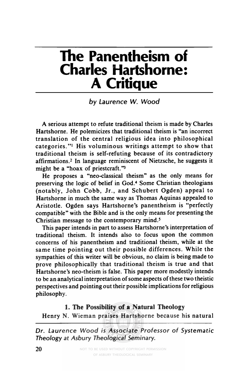 The Panentheism of Charles Hartshorne: a Critique by Laurence W