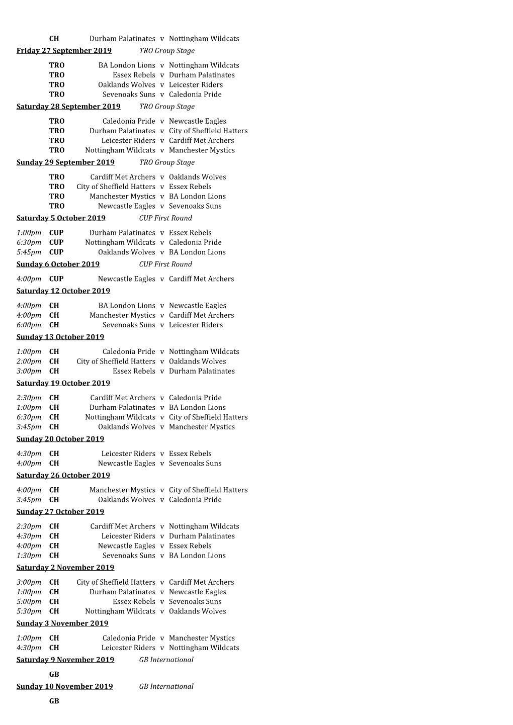 Durham Palatinates Nottingham Wildcats CH V Friday 27 September