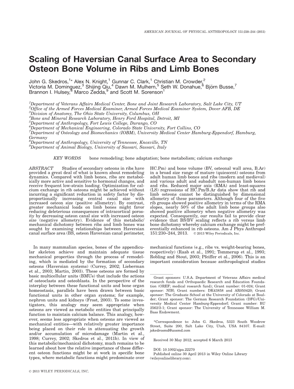 Scaling of Haversian Canal Surface Area to Secondary Osteon Bone Volume in Ribs and Limb Bones