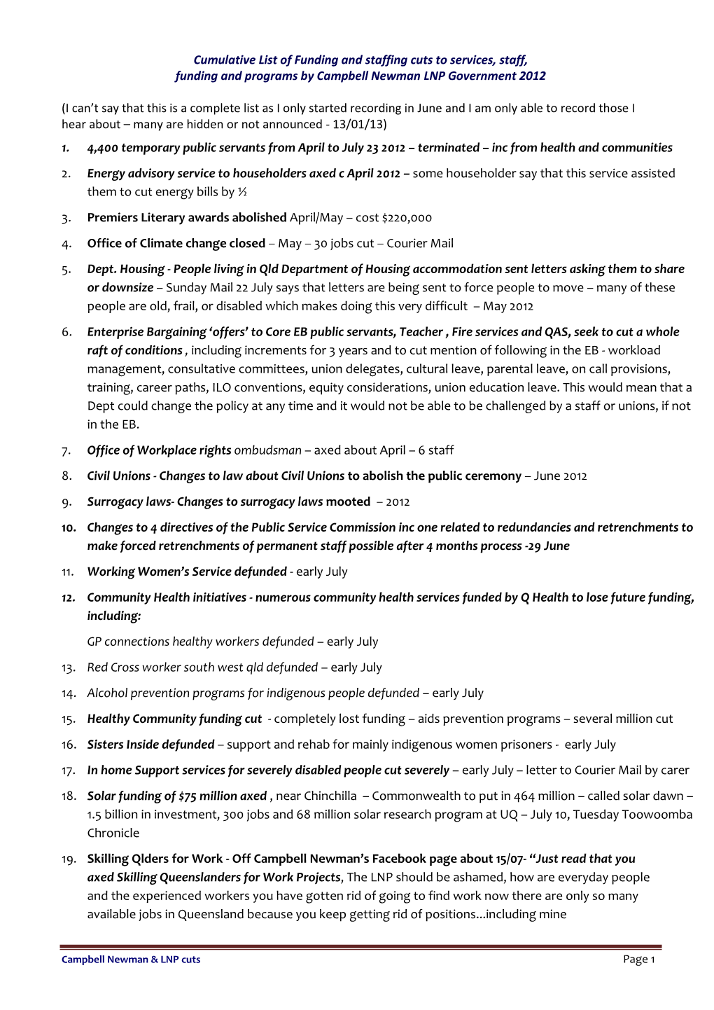 Cumulative List of Funding and Staffing Cuts to Services, Staff And