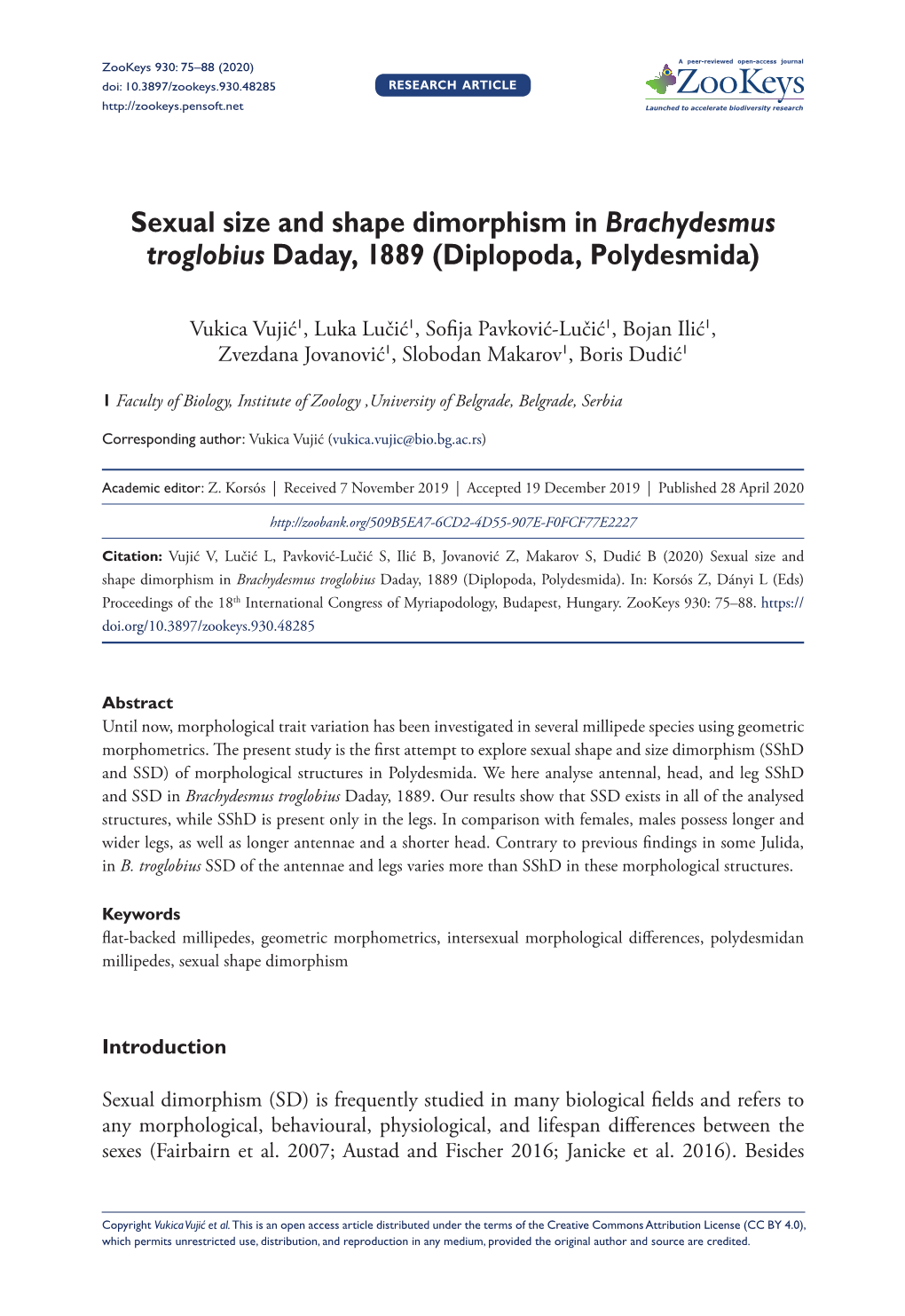 Sexual Size and Shape Dimorphism in Brachydesmus Troglobius Daday, 1889 (Diplopoda, Polydesmida)