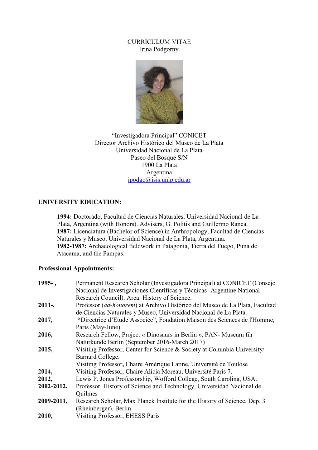 CURRICULUM VITAE Irina Podgorny