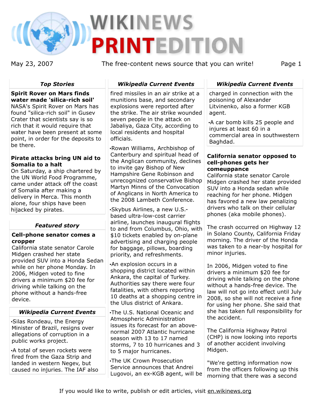 May 23, 2007 the Free-Content News Source That You Can Write! Page 1