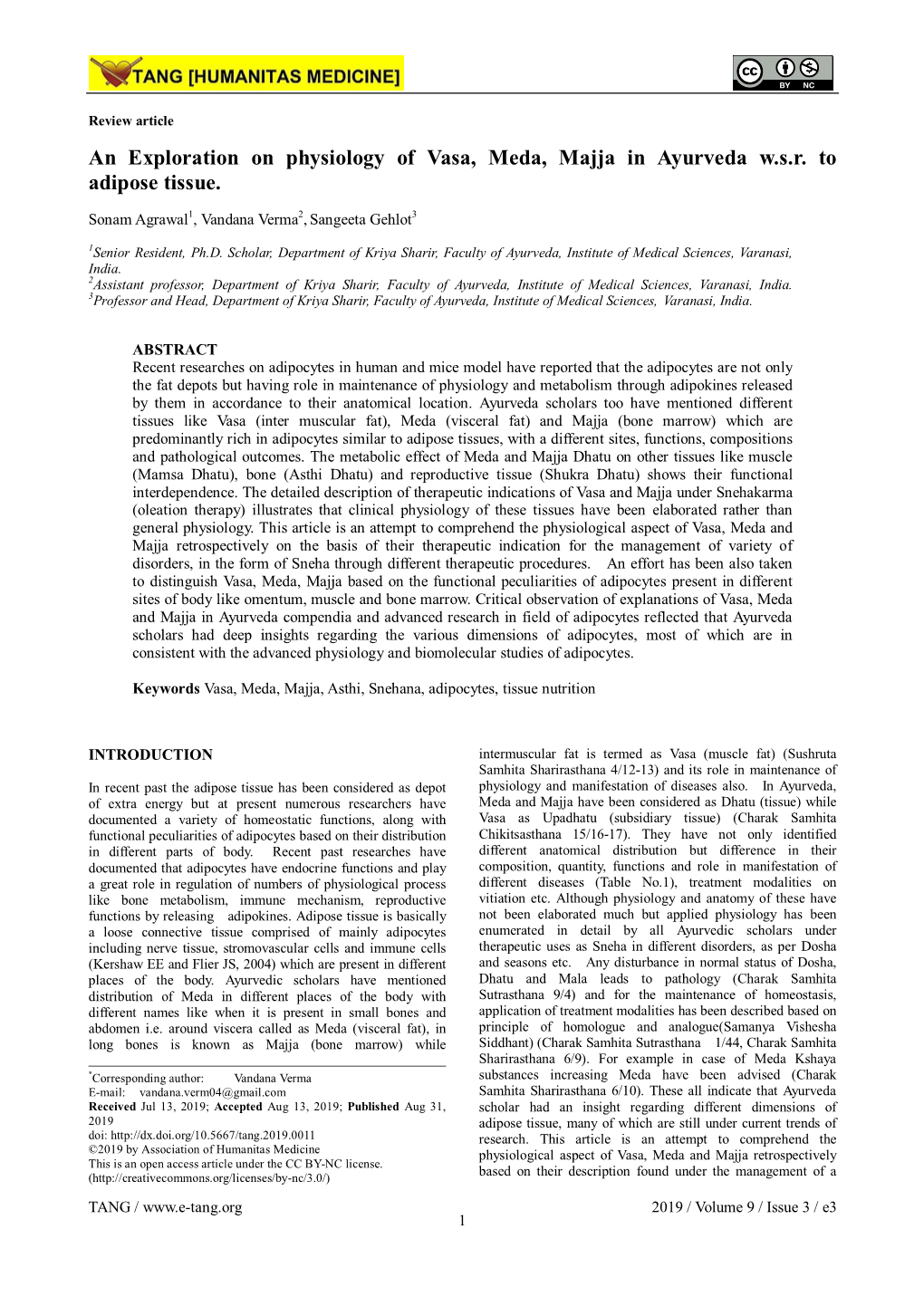 An Exploration on Physiology of Vasa, Meda, Majja in Ayurveda W.S.R. to Adipose Tissue