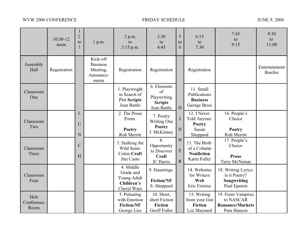 Wvw 2006 Conference Friday Schedule June 9, 2006