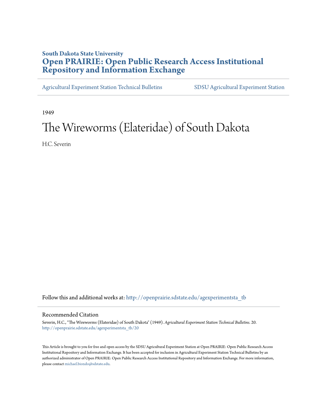 THE WIREWORMS (Elateridae) of SOUTH DAKOTA