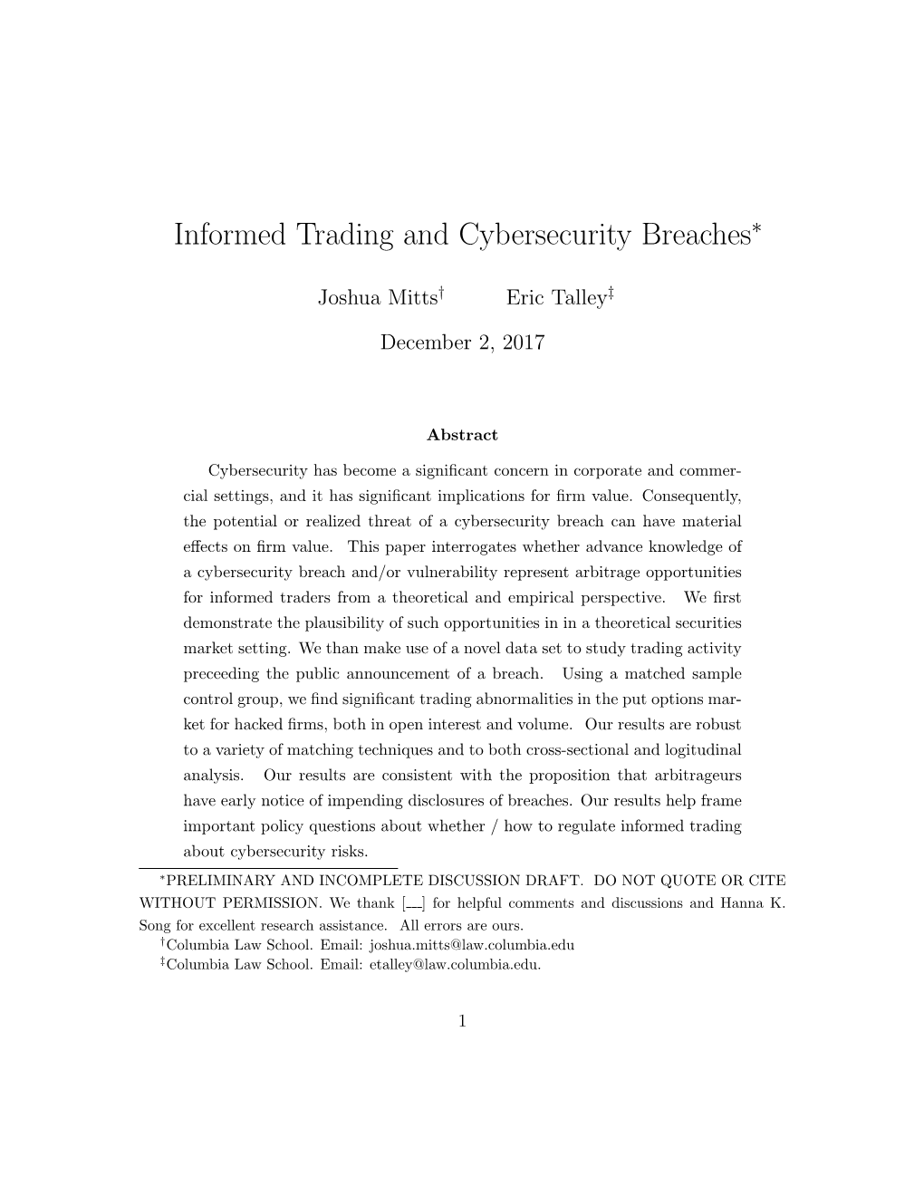 Informed Trading and Cybersecurity Breaches∗