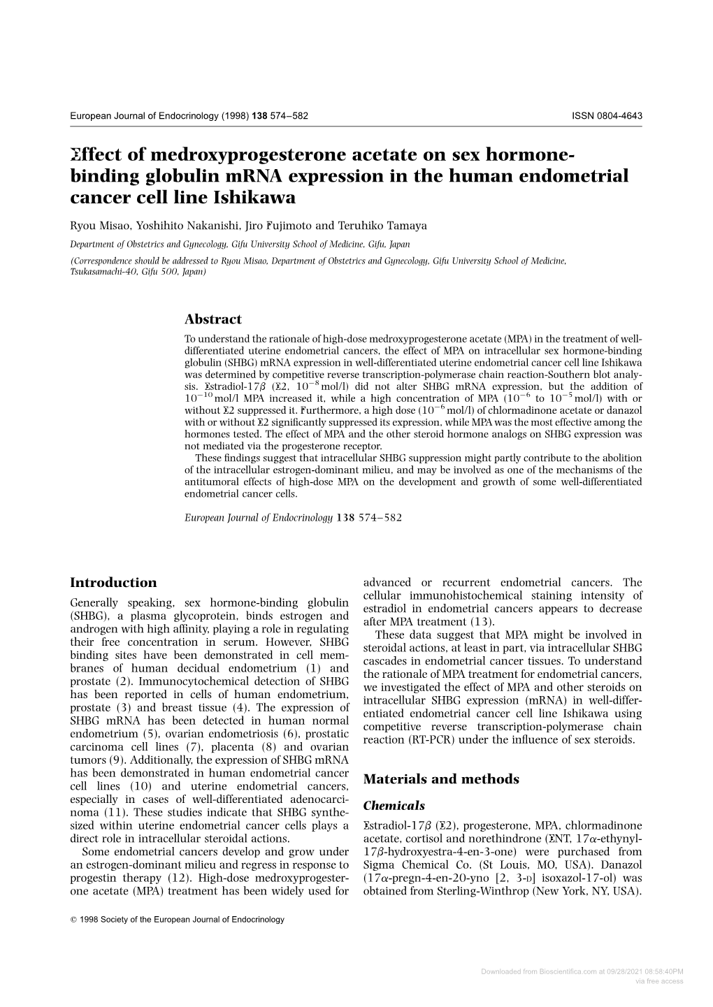 Effect of Medroxyprogesterone Acetate on Sex Hormone- Binding Globulin Mrna Expression in the Human Endometrial Cancer Cell Line Ishikawa