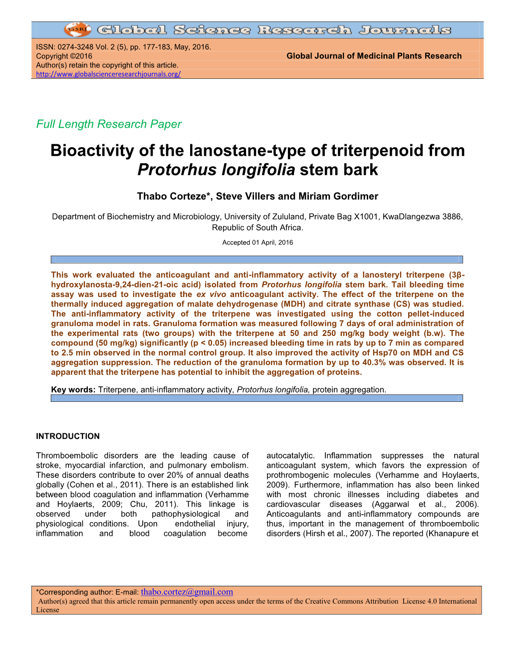 Bioactivity of the Lanostane-Type of Triterpenoid from Protorhus Longifolia Stem Bark