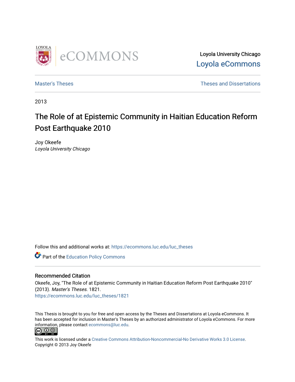 The Role of at Epistemic Community in Haitian Education Reform Post Earthquake 2010