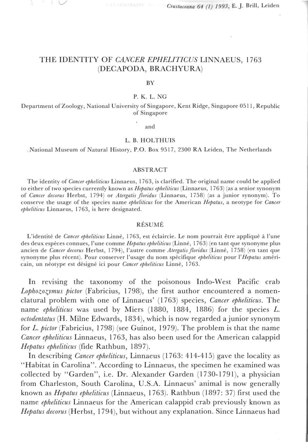 THE IDENTITY of CANCER EPHELITICUS LINNAEUS, 1763 (DECAPODA, BRAGHYURA) in Revising the Taxonomy of the Poisonous Indo-West Paci