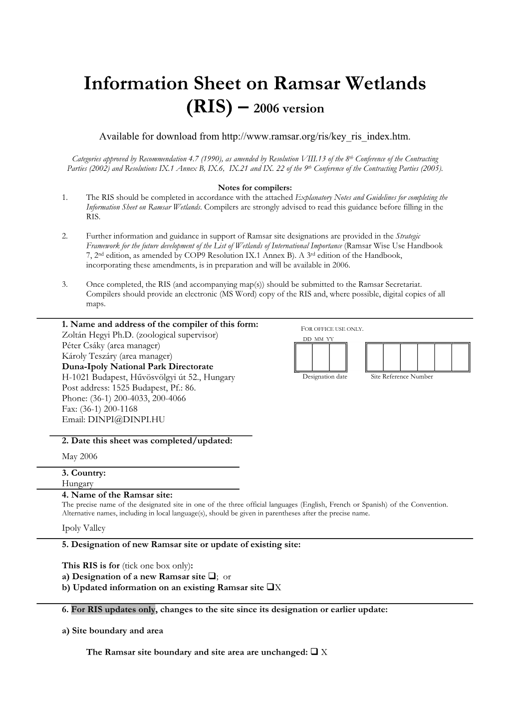 Information Sheet on Ramsar Wetlands (RIS) – 2006 Version