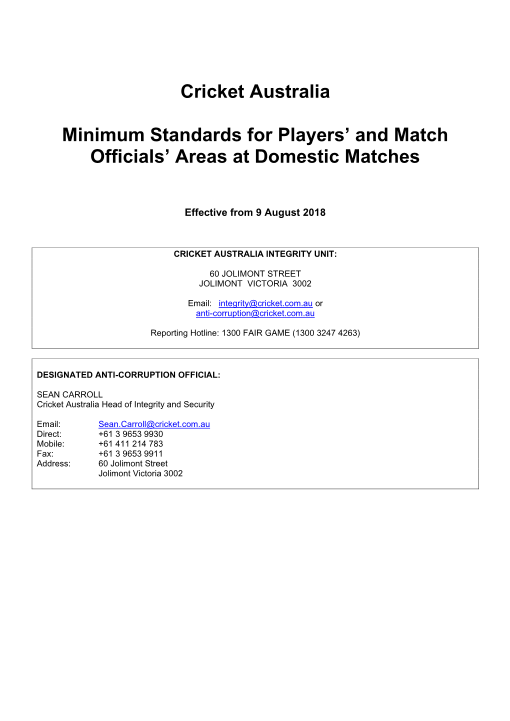 Cricket Australia Minimum Standards for Players' and Match Officials