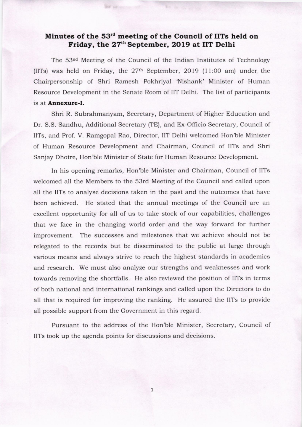 Minutes of the 53'D Meeting of the Council of Iits Held on Friday, the 27Th September,2Olg at IIT Delhi