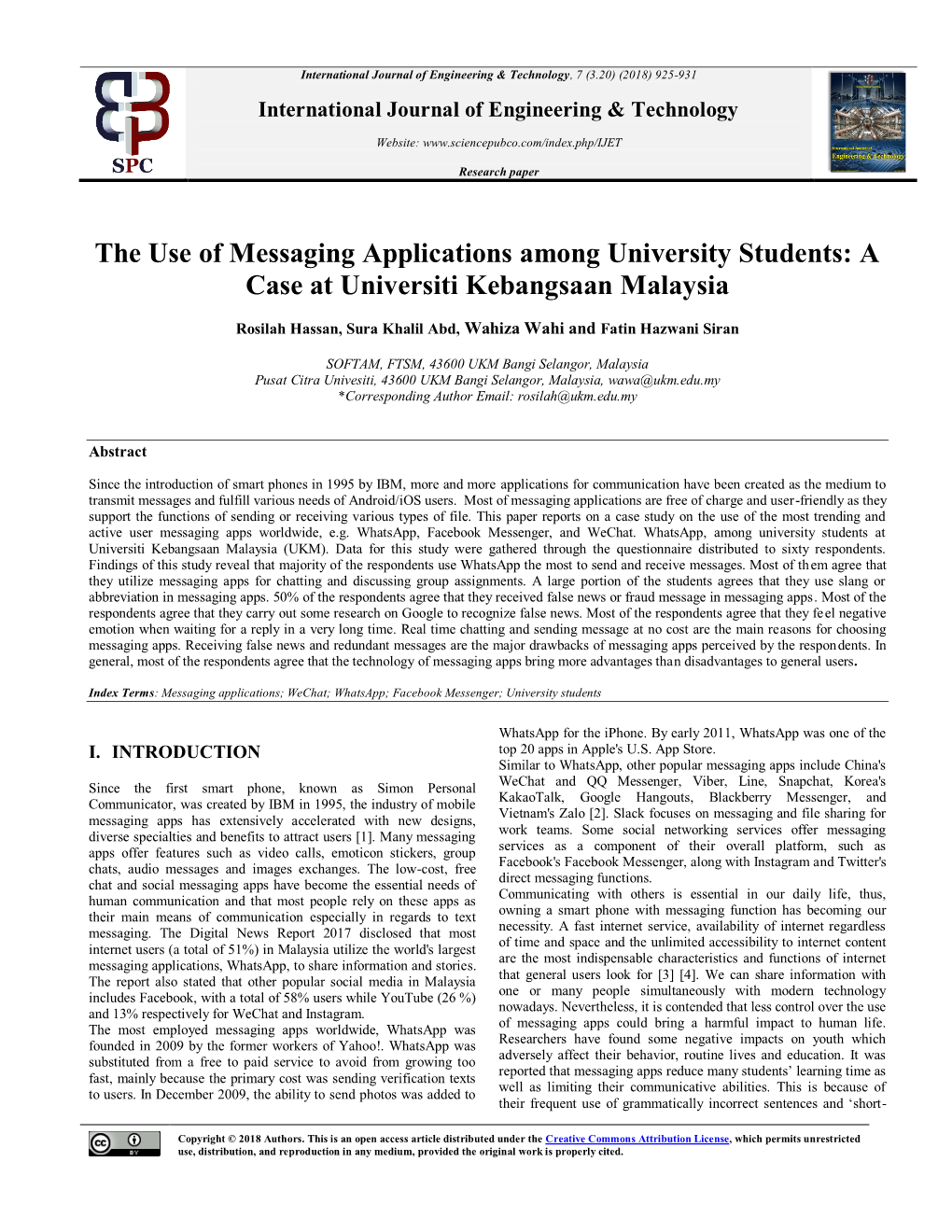 The Use of Messaging Applications Among University Students: a Case at Universiti Kebangsaan Malaysia