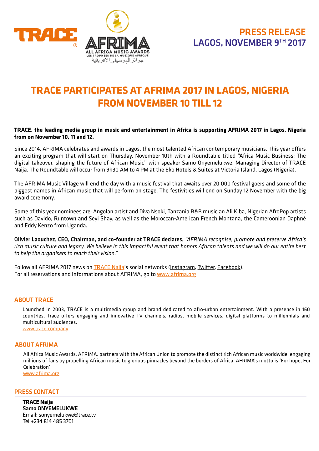 Trace Participates at Afrima 2017 in Lagos, Nigeria from November 10 Till 12