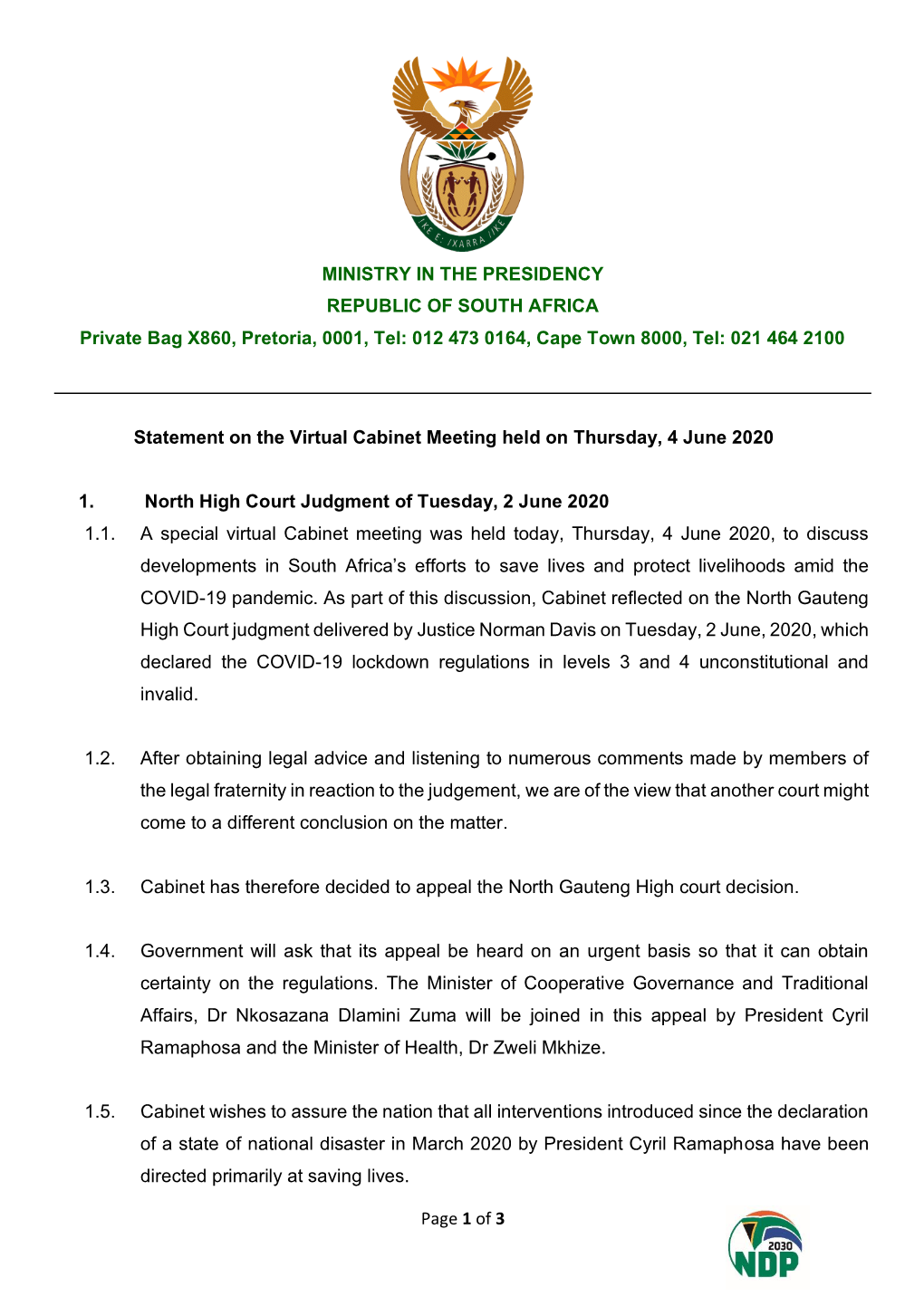 Statement on the Virtual Cabinet Meeting Held on Thursday, 4 June 2020