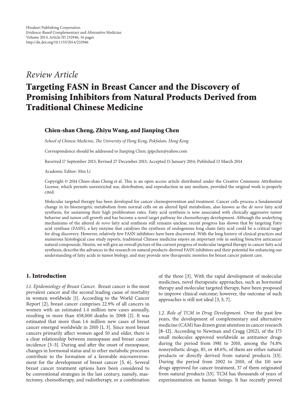 Review Article Targeting FASN in Breast Cancer and the Discovery of Promising Inhibitors from Natural Products Derived from Traditional Chinese Medicine