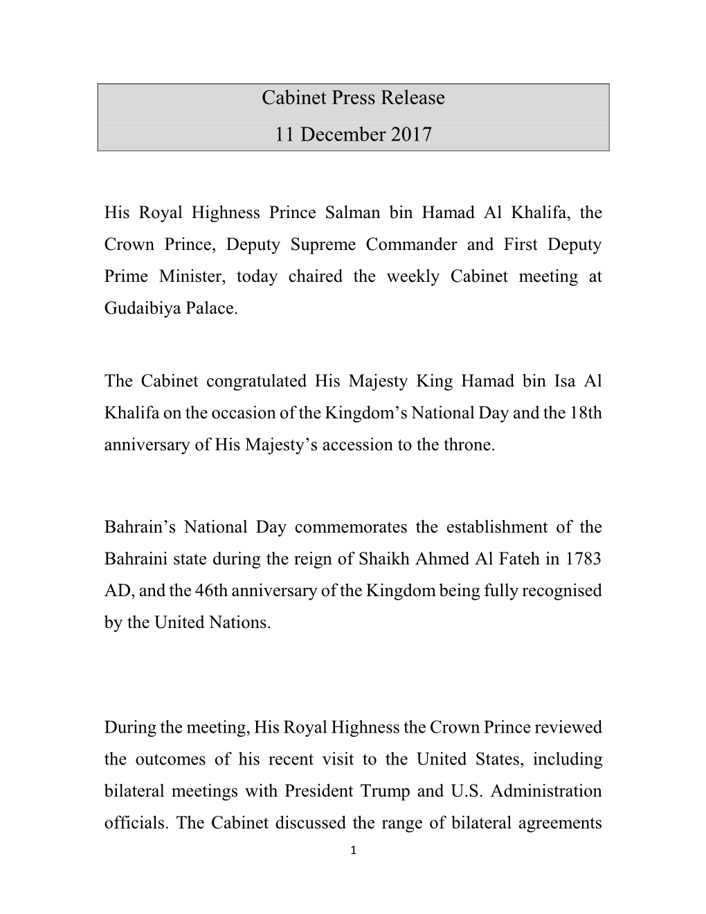 Cabinet Press Release 11 December 2017
