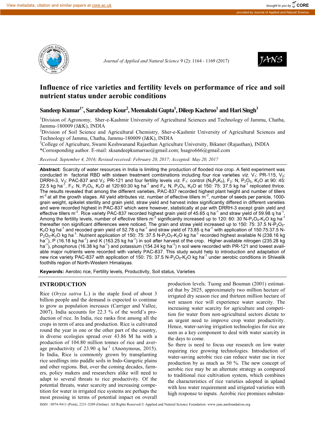 Influence of Rice Varieties and Fertility Levels on Performance of Rice and Soil Nutrient Status Under Aerobic Conditions