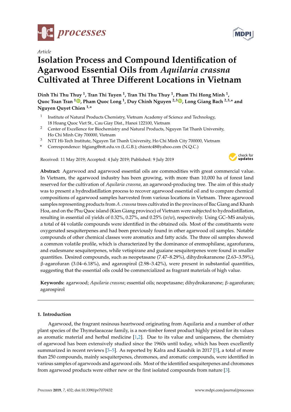 Isolation Process and Compound Identification of Agarwood Essential