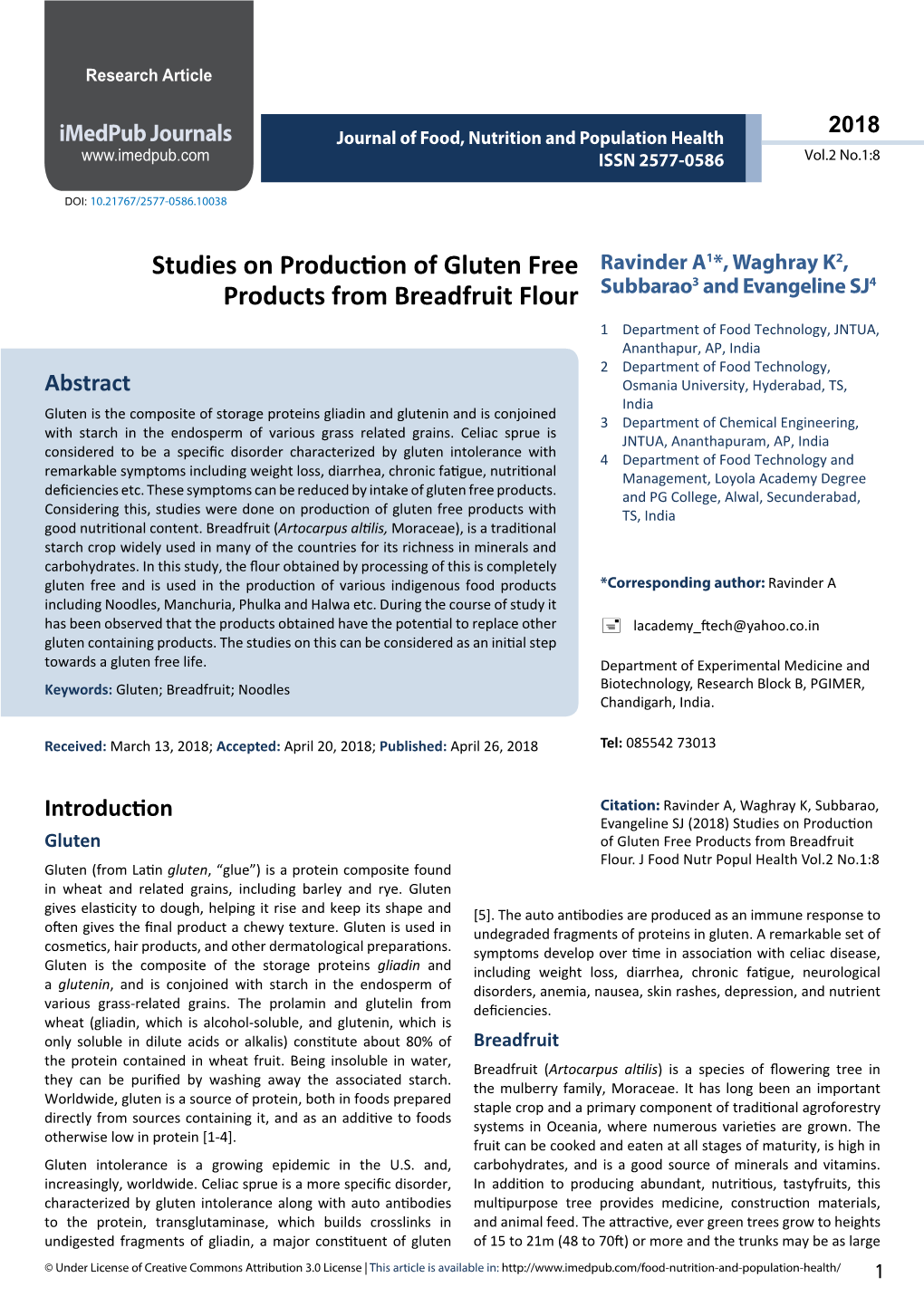 Studies on Production of Gluten Free Products from Breadfruit Flour