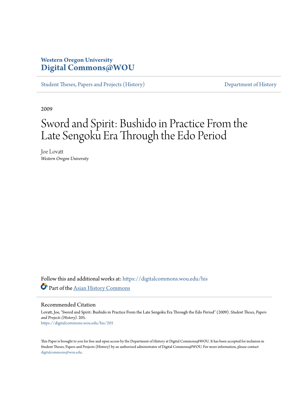 Bushido in Practice from the Late Sengoku Era Through the Edo Period Joe Lovatt Western Oregon University