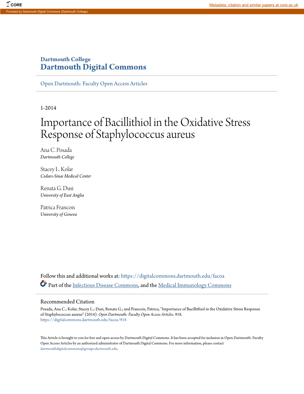 Importance of Bacillithiol in the Oxidative Stress Response of Staphylococcus Aureus Ana C