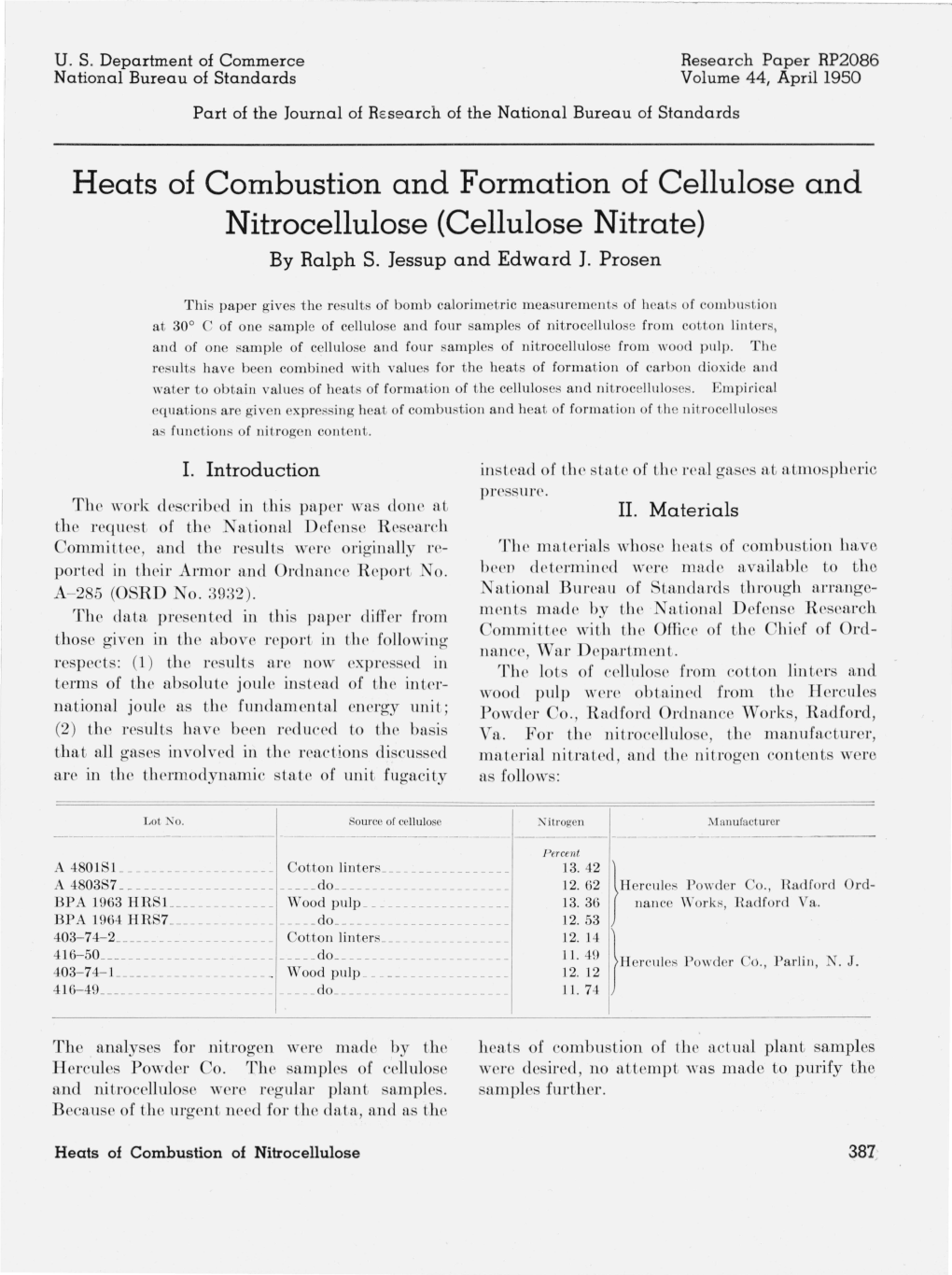 Heats of Combustion and Formation of Cellulose and Nitrocellulose (Cellulose Nitrate) by Ralph S