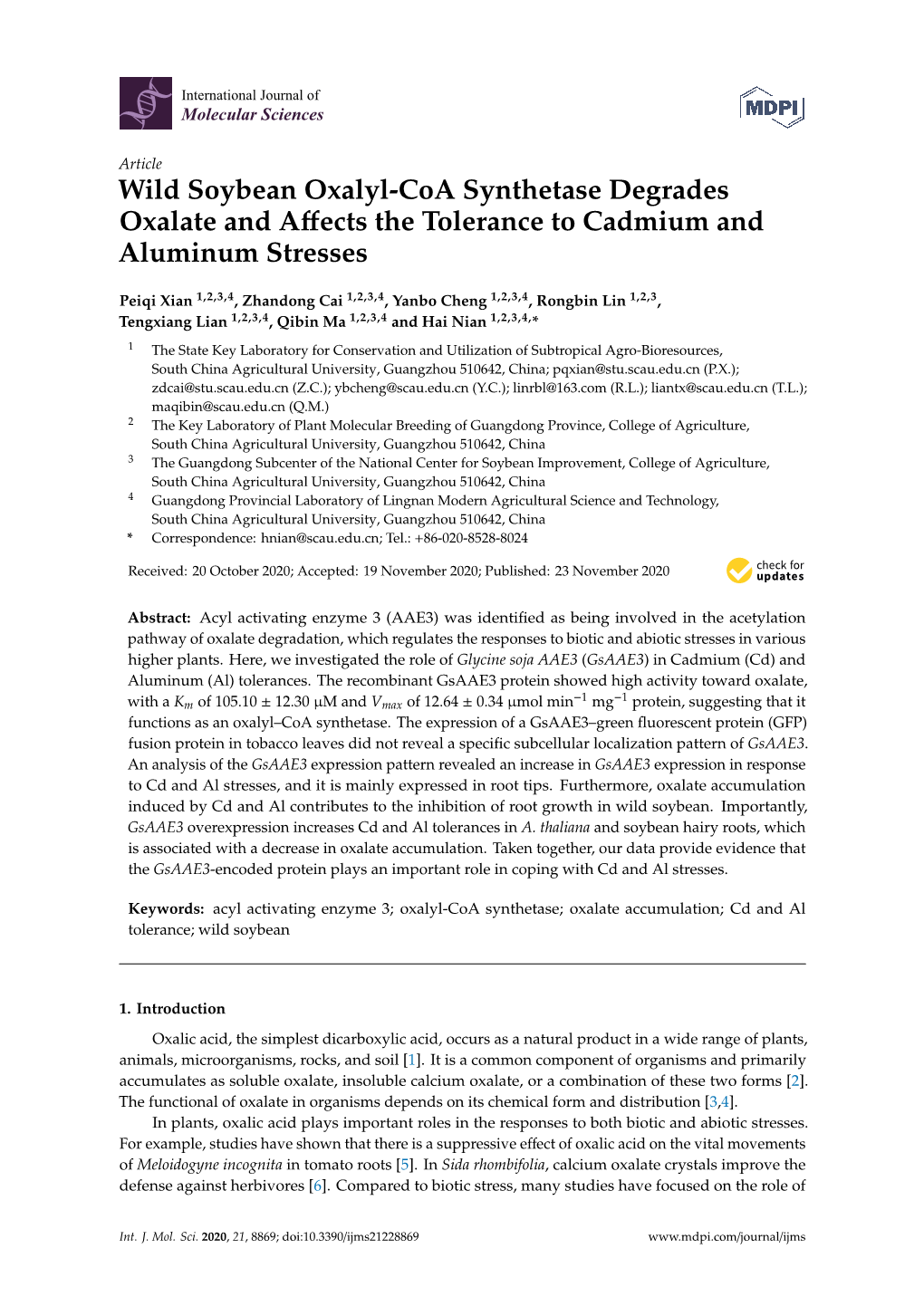 Wild Soybean Oxalyl-Coa Synthetase Degrades Oxalate and Affects the Tolerance to Cadmium and Aluminum Stresses