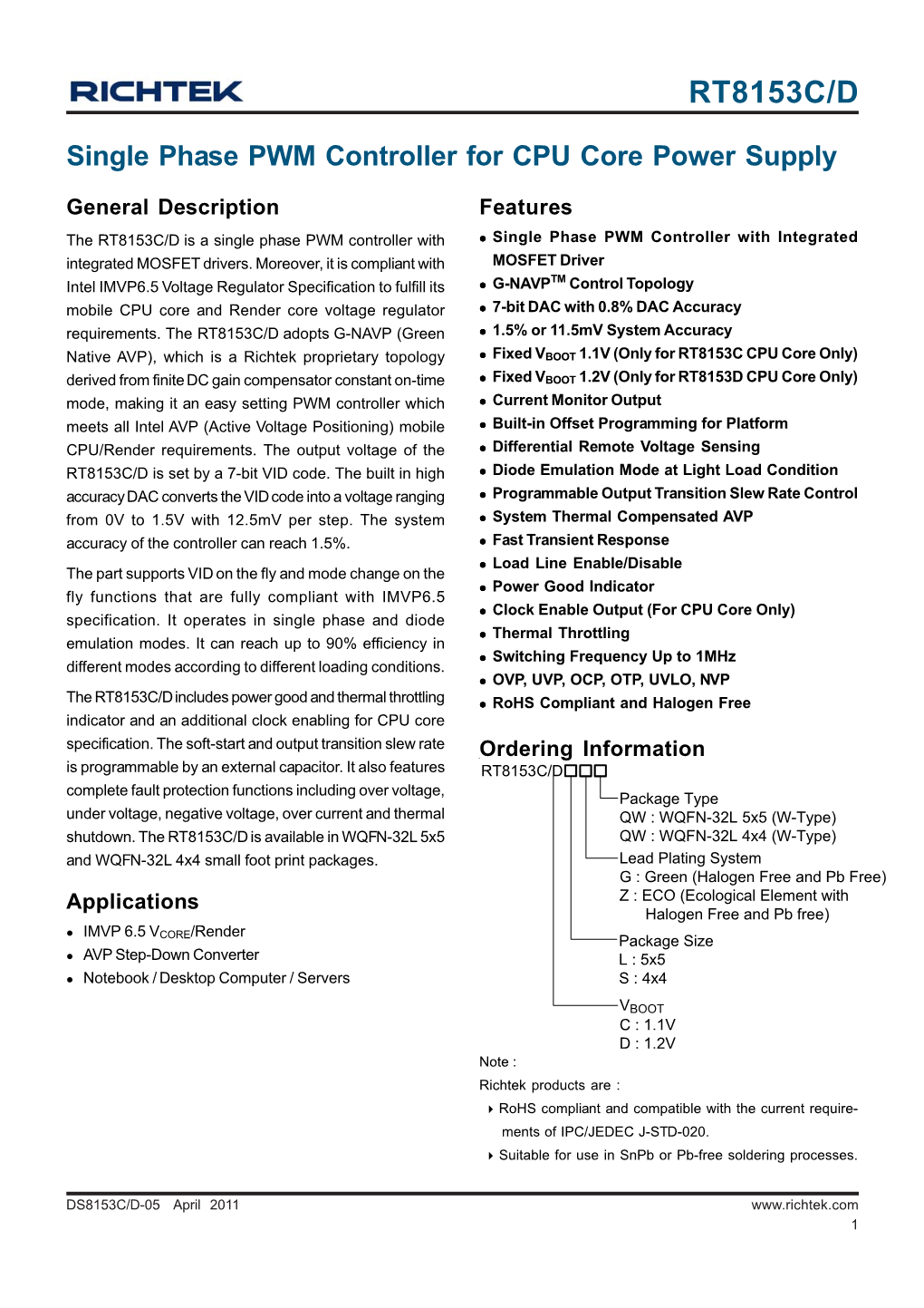 Single Phase PWM Controller for CPU Core Power Supply