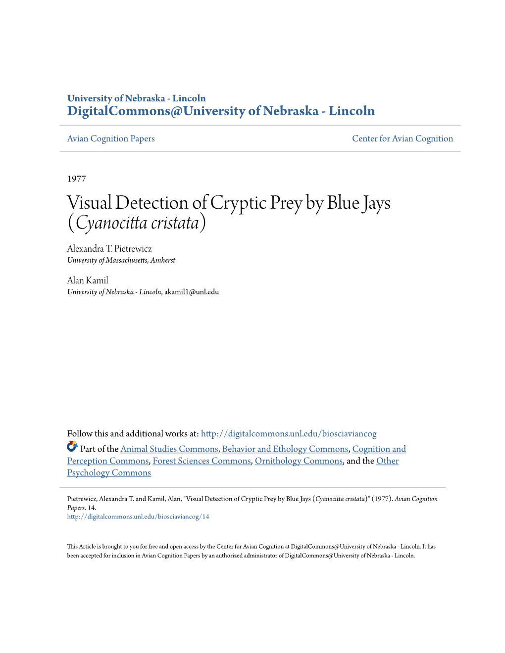 Visual Detection of Cryptic Prey by Blue Jays (Cyanocitta Cristata) Alexandra T