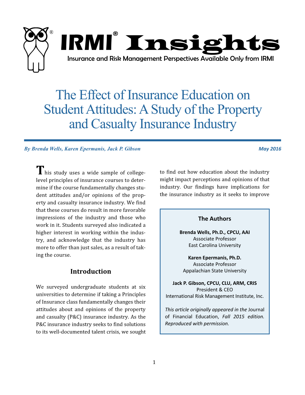 The Effect of Insurance Education on Student Attitudes: a Study of the Property and Casualty Insurance Industry