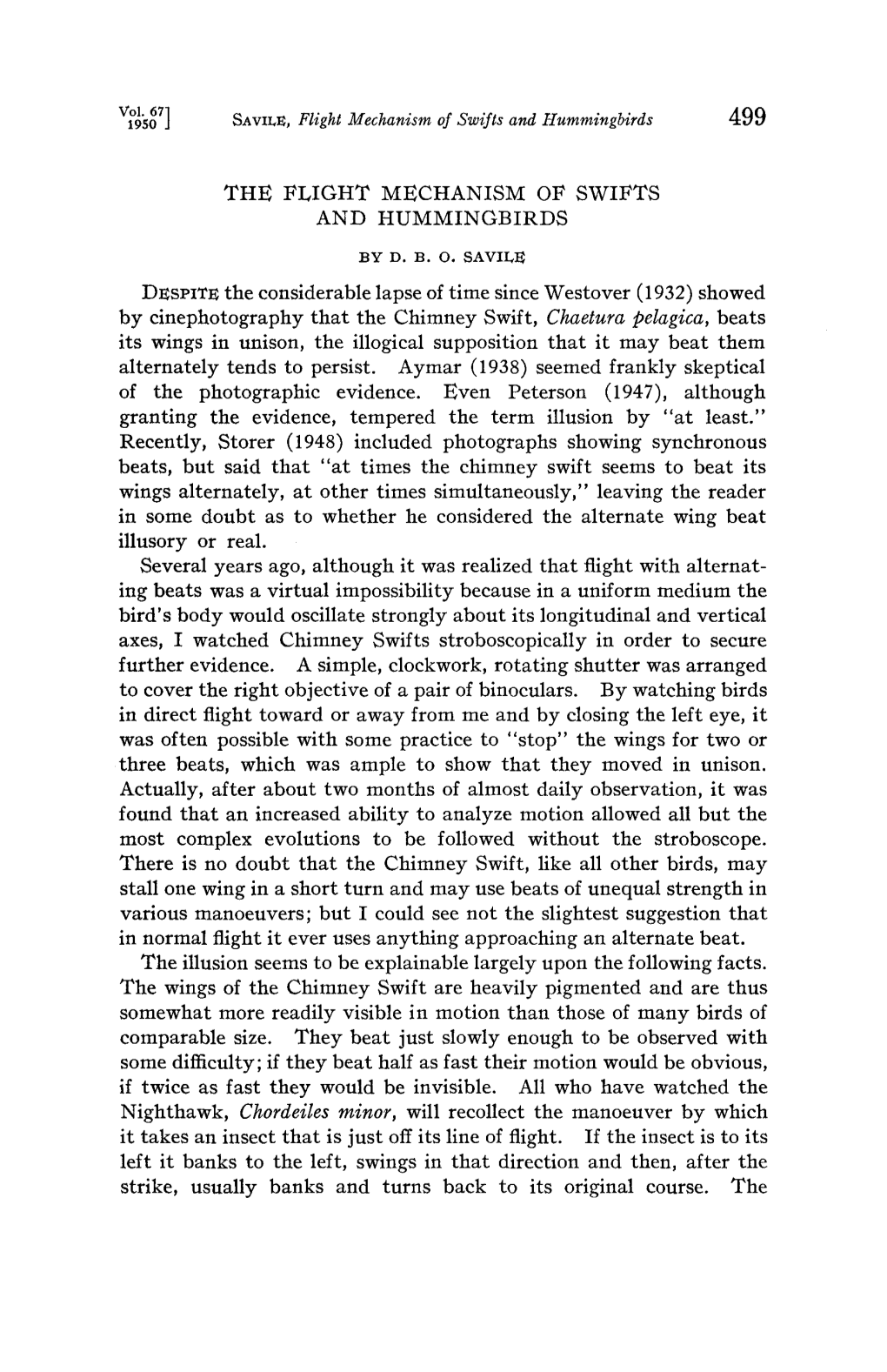 195O I S•Viz,Z:, Flight Mechanism of Swifts and Hummingbirds