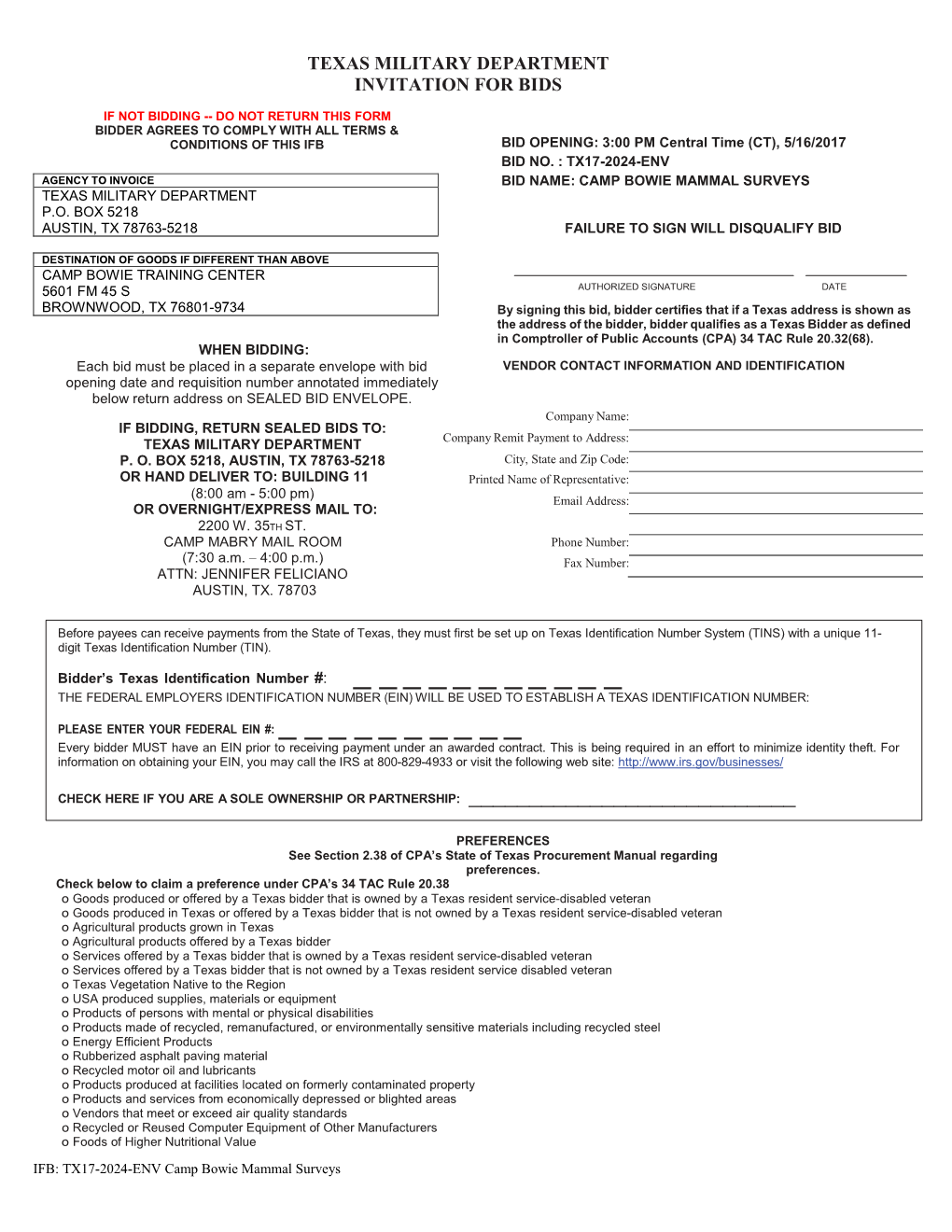 Texas Military Department Invitation for Bids