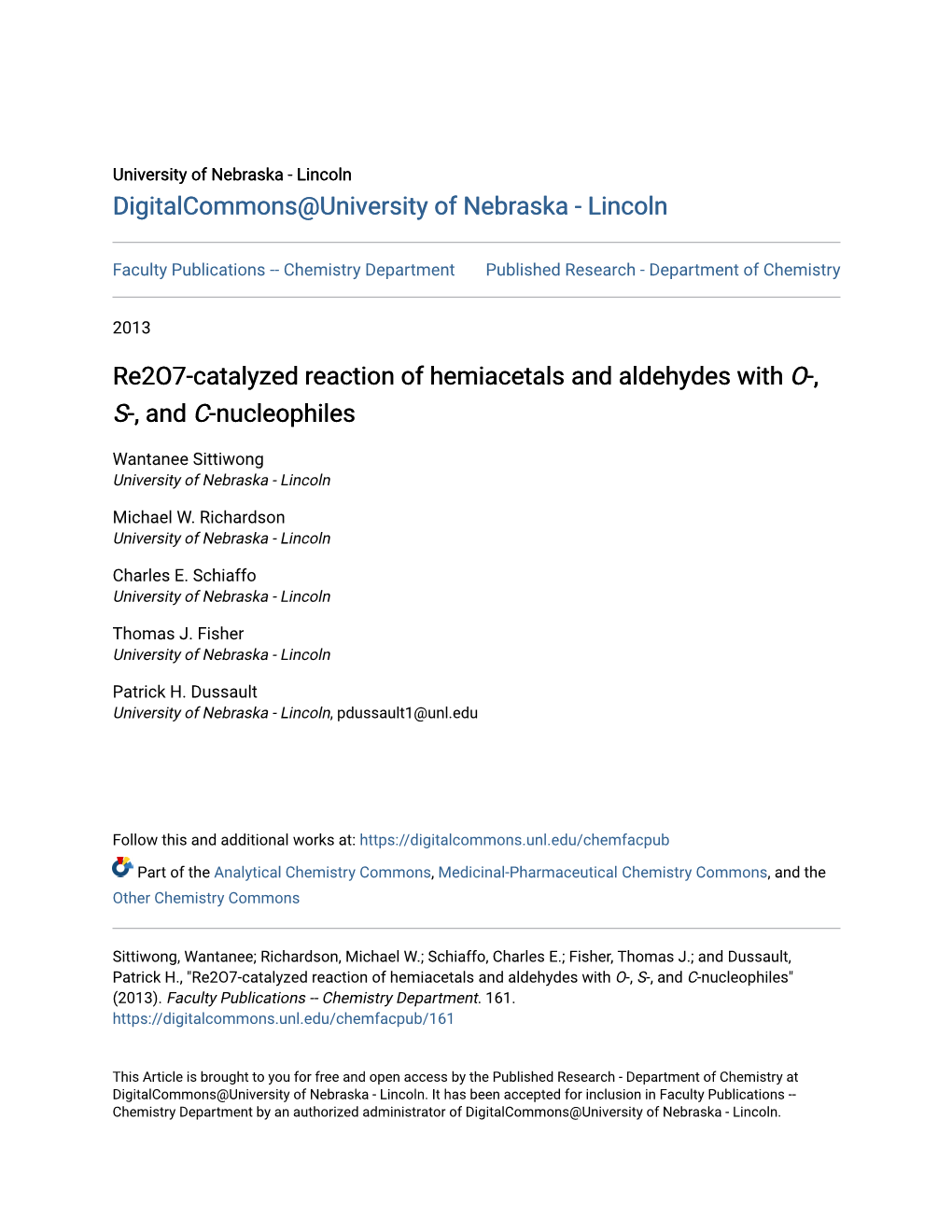 Re2o7-Catalyzed Reaction of Hemiacetals and Aldehydes with &lt;I